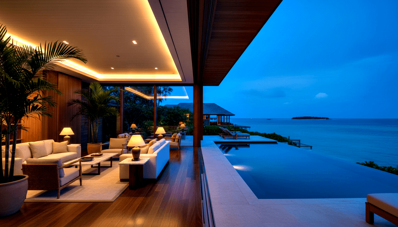 Open-plan living room with cream sofas, rattan chairs, and potted palms opening to teak decking, infinity pool, and ocean at dusk.