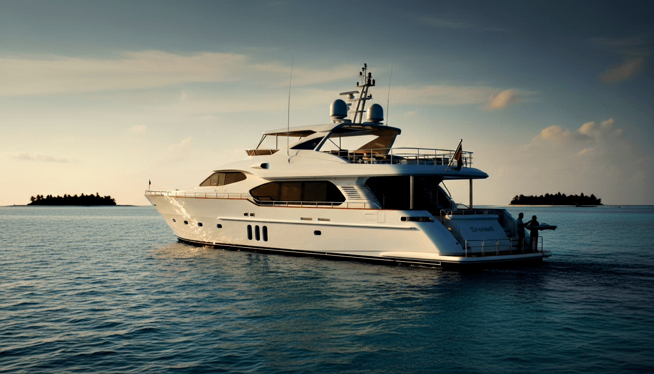 Large white multi-deck motor yacht on glassy deep-blue water, two figures on stern, flanked by two small palm-fringed islands under hazy sky.