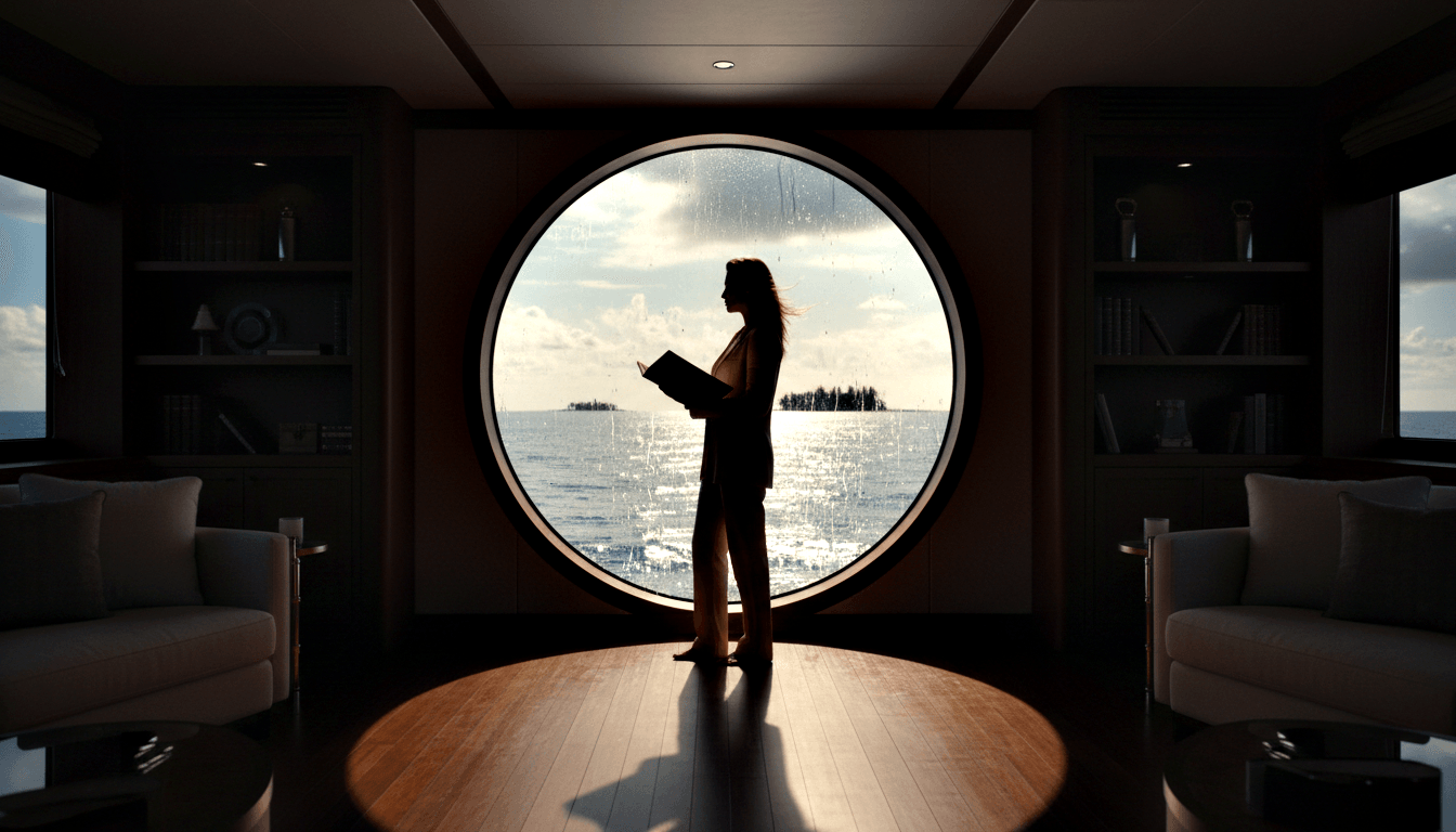Female silhouette with long hair holds open book before large circular porthole window flanked by wooden bookshelves and cream armchairs.