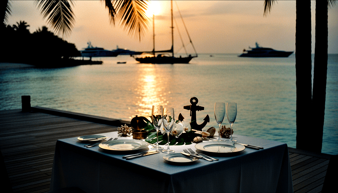 Dining table for two on a waterfront deck at sunset, set with plates, champagne flutes, anchor figurine, orchids, and seashells.
