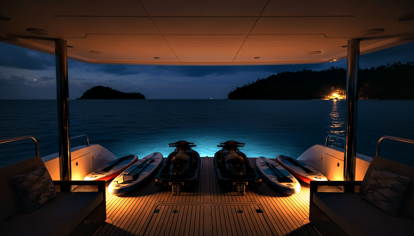 Yacht swim platform at night: jet skis, paddleboards on teak deck, turquoise underwater lights, islands on horizon.