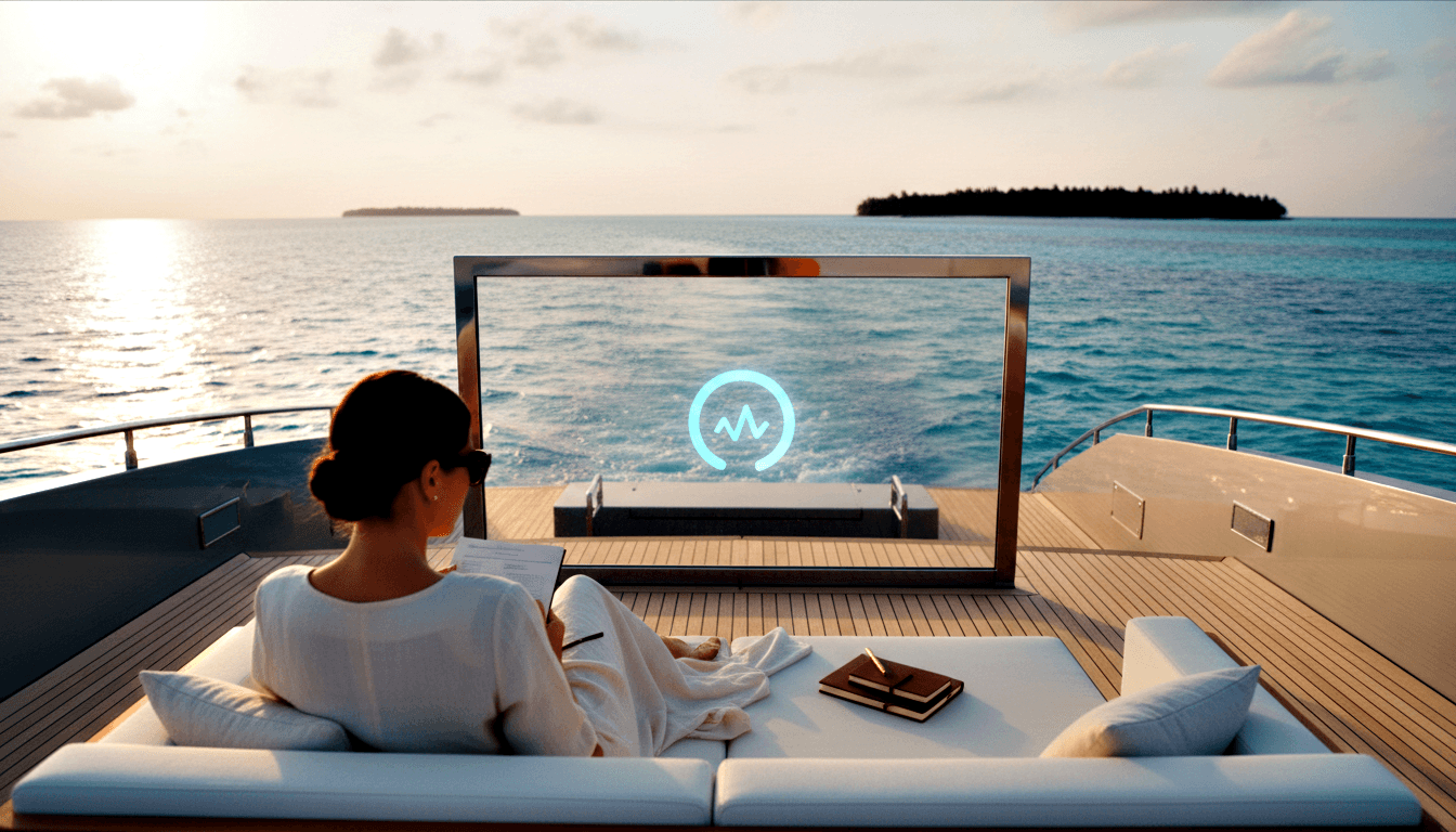 Woman on yacht deck faces transparent screen showing cyan waveform, seated on white sectional sofa, calm turquoise sea behind.