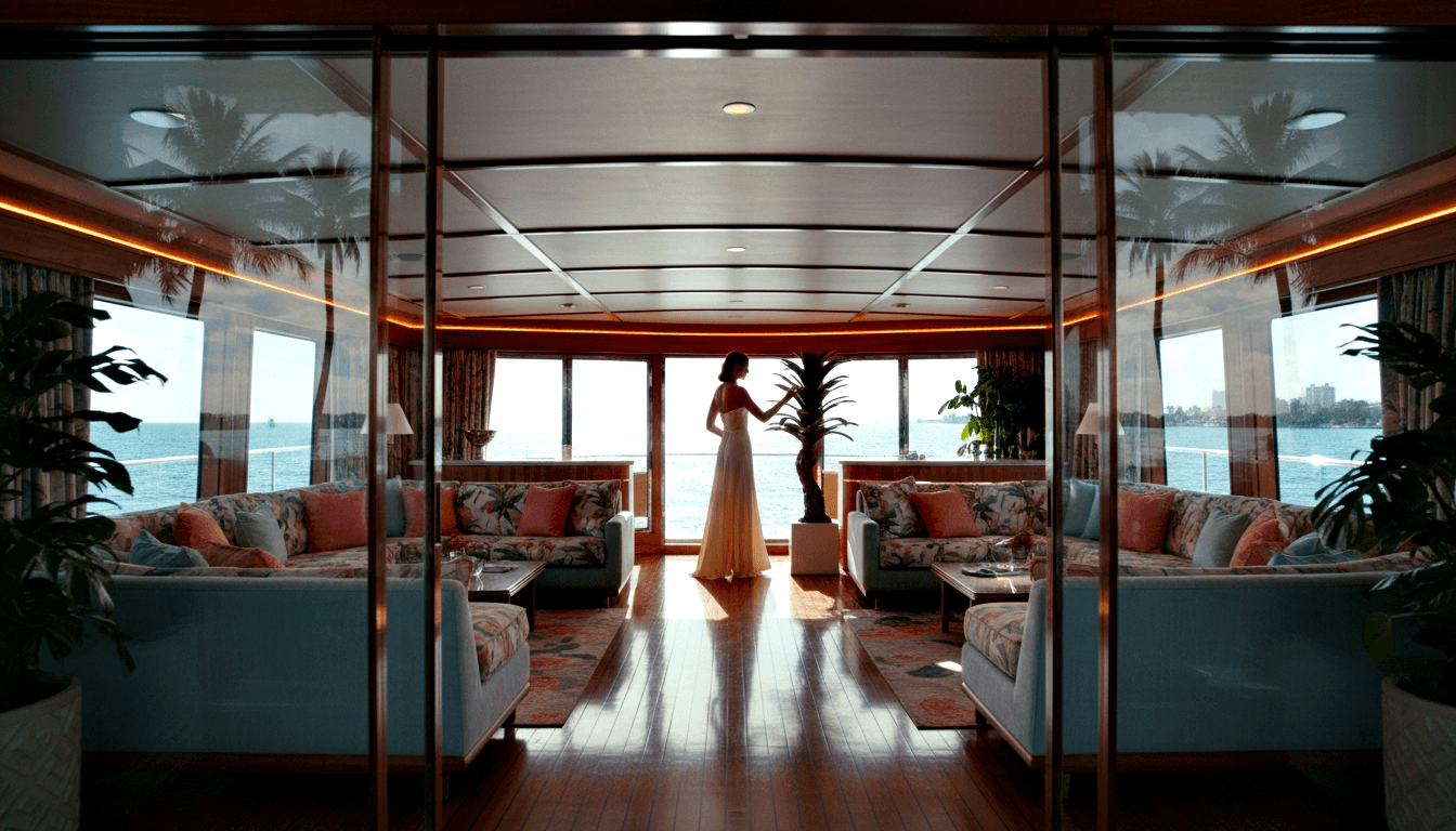Woman in long white gown silhouetted at end of yacht salon, panoramic windows overlooking open water behind her.