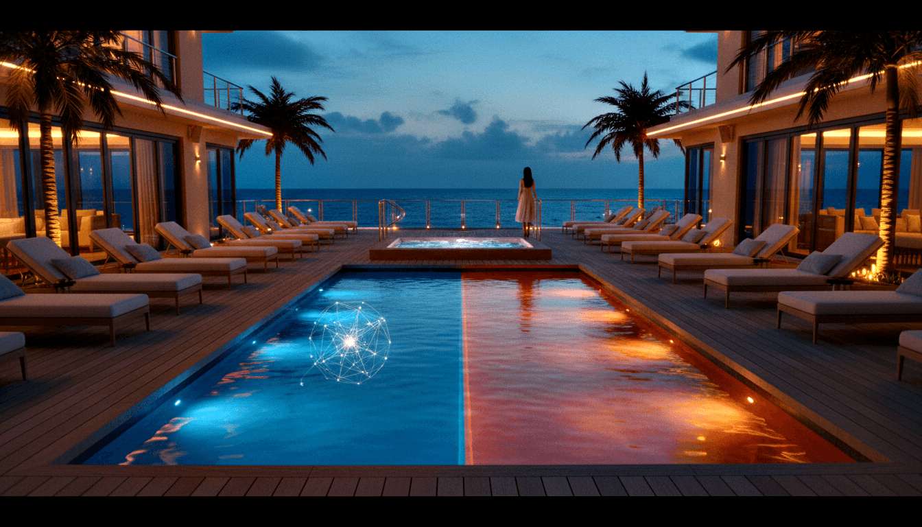 CGI resort pool deck split blue/red-orange at twilight, wireframe sphere above blue side, woman facing ocean at far end.