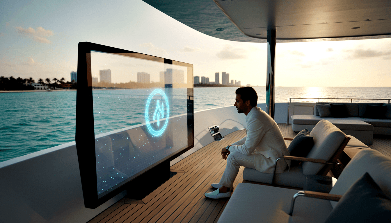 Man in white blazer sits on yacht teak deck with laptop; transparent display shows cyan arrow-in-circle icon, ocean and skyline behind.