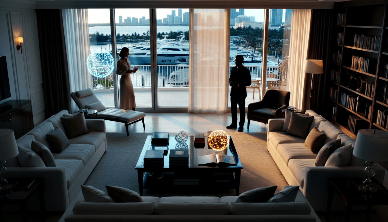 Dim living room, marina dusk view; two silhouetted figures near blue wire-frame sphere and amber sphere on coffee table.