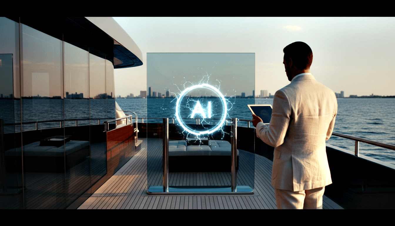 Man in cream linen suit on yacht deck, rear view, holding tablet and facing glowing holographic circular emblem with electric arcs and 'AI' text.