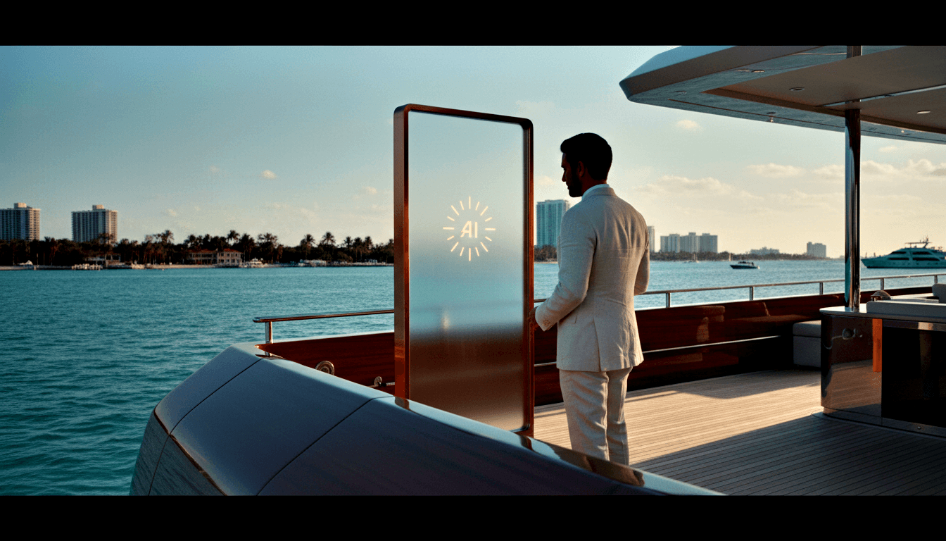 Man in cream suit seen from behind on teak-decked yacht facing a frosted panel displaying glowing 'AI' text with radial starburst emblem.