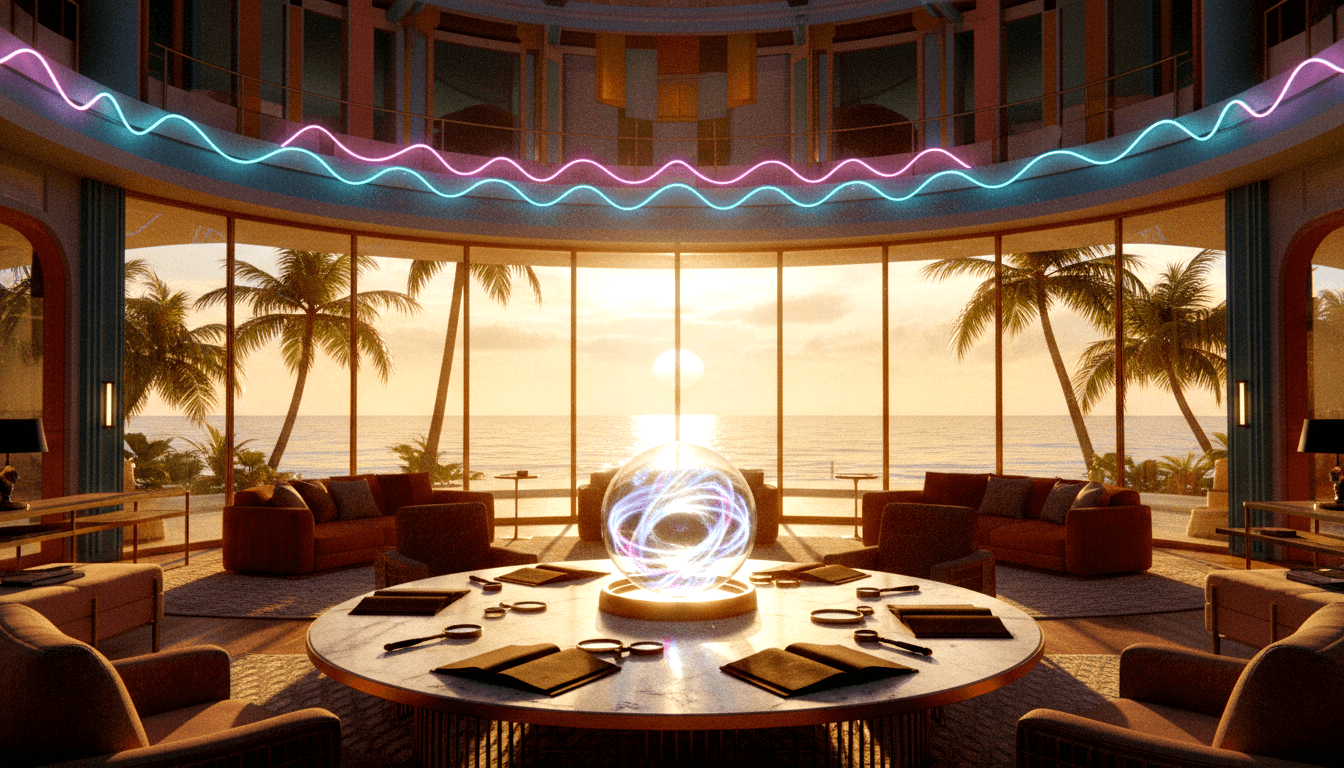 CGI circular lounge: glowing plasma sphere on marble pedestal, open books, terracotta sofas, tropical beach sunset visible.
