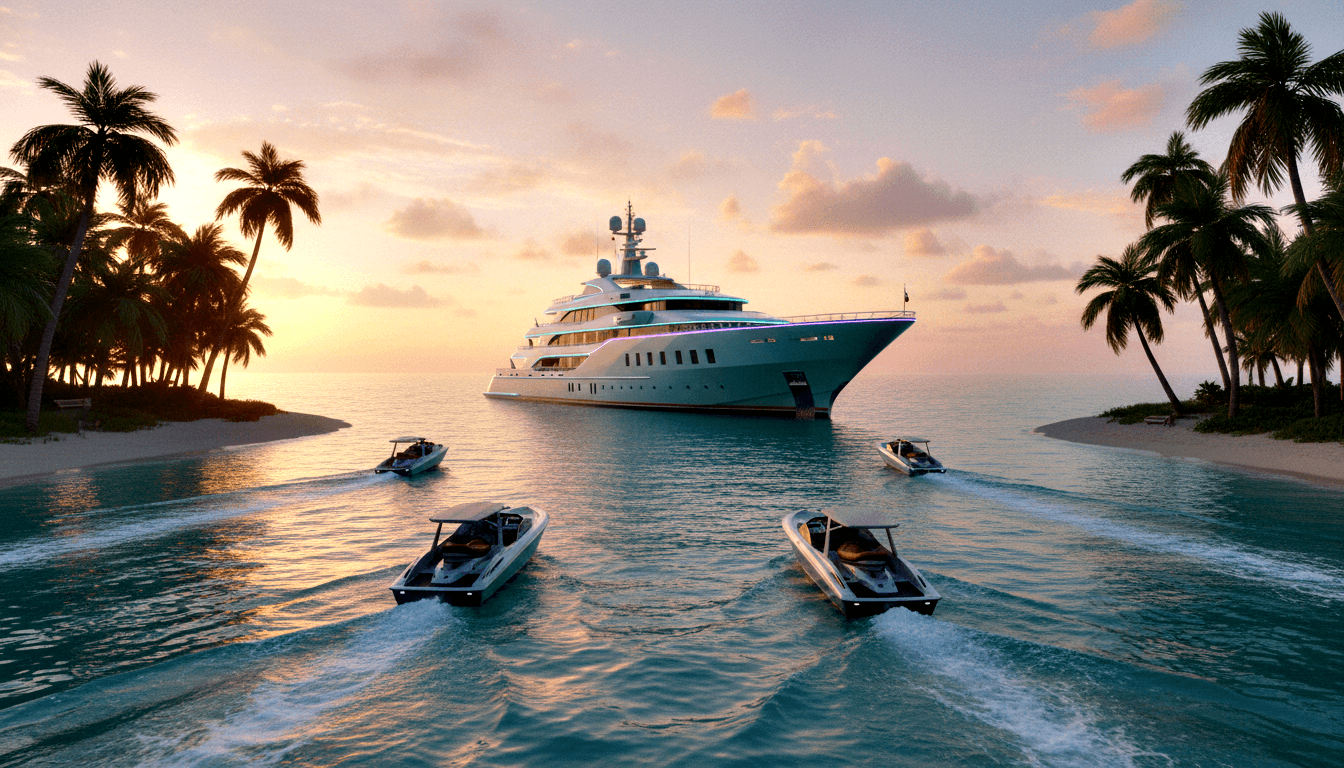 CGI superyacht with teal hull anchored in a tropical lagoon at golden hour, four canopied motorboats approaching symmetrically.