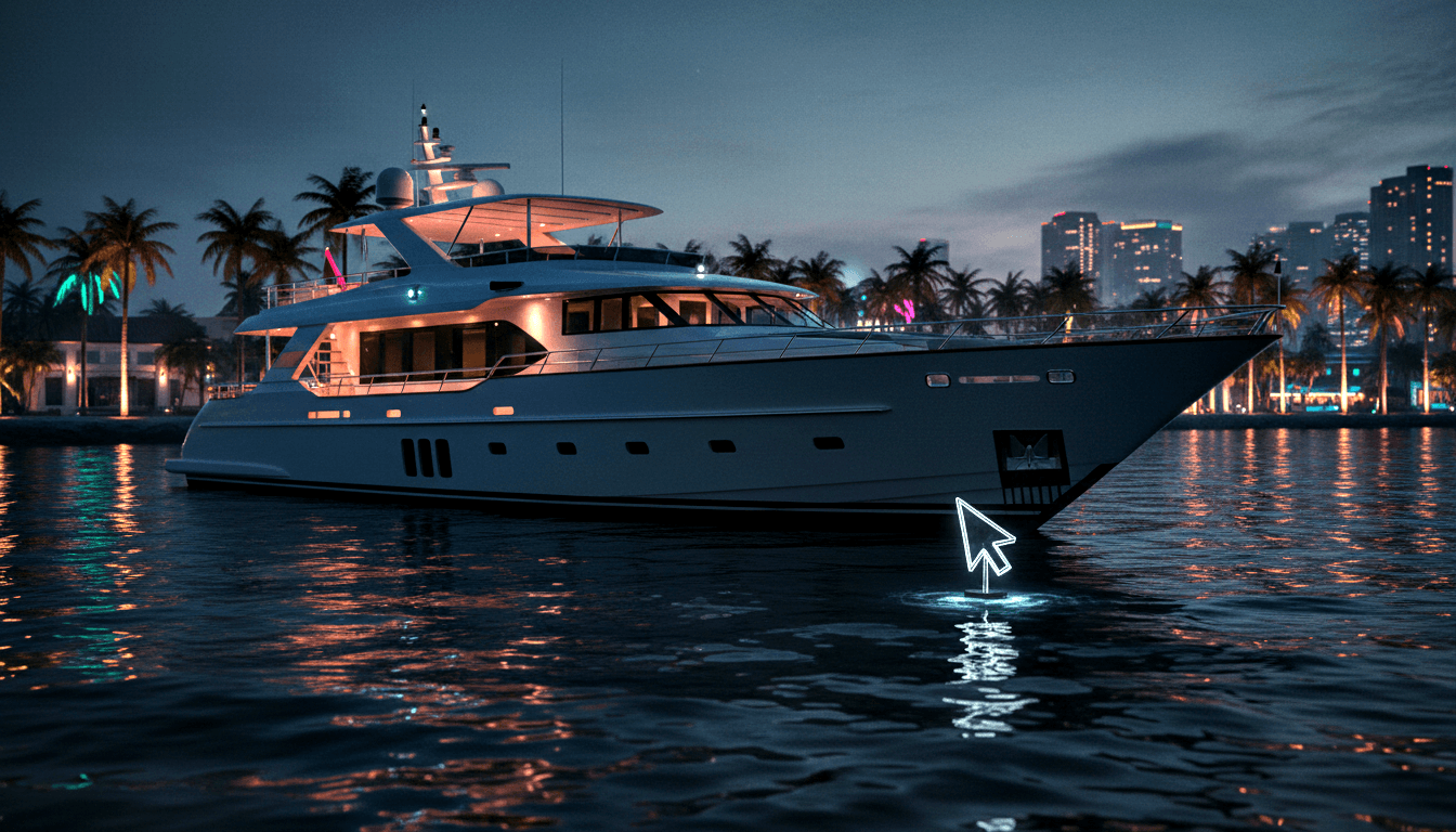 Large white multi-deck motor yacht at night, cabin windows glowing amber, with a 3D cursor arrow icon at the bow near calm dark water.
