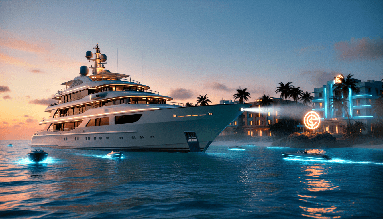 CGI white multi-deck superyacht, amber strip lighting, radar domes on teal water; Art Deco neon buildings at dusk.