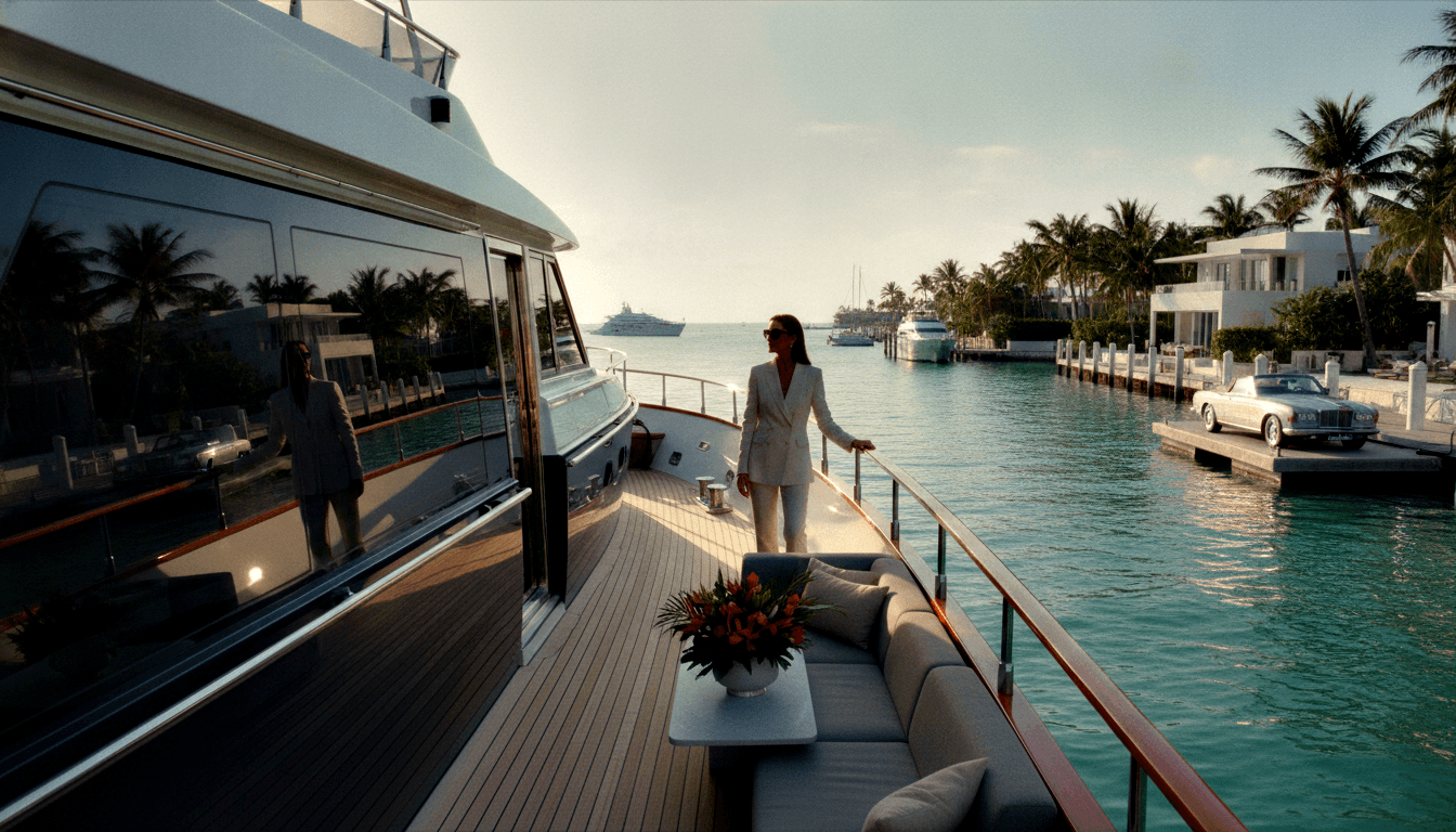 Woman in white pantsuit and dark sunglasses stands at chrome railing of a large white motor yacht, gazing at calm turquoise water.
