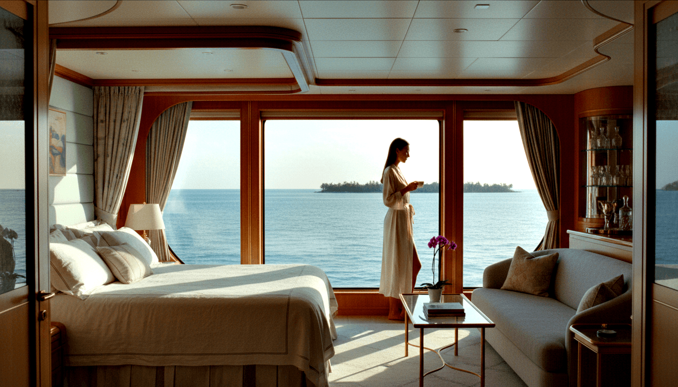 Ship stateroom with mahogany paneling and king bed; woman in cream robe stands at panoramic windows overlooking calm water and distant island.