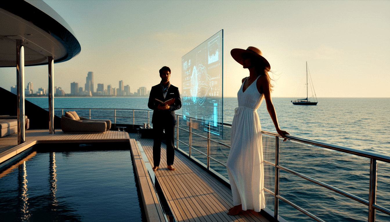 Man in dark suit jacket and woman in white maxi dress with straw hat view holographic cyan data panel on a yacht's teak deck.