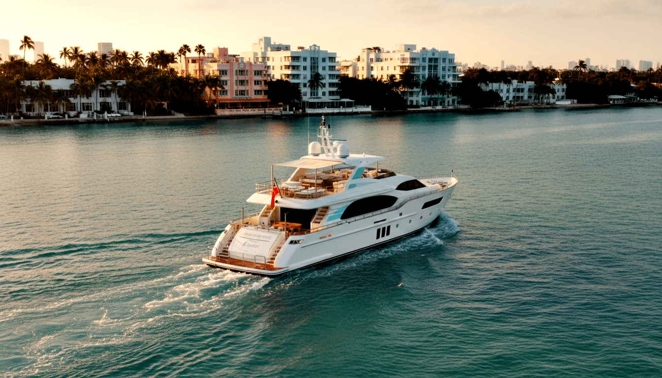 White multi-deck motor yacht, red stern flag, cruises teal water at golden hour; mid-rise shoreline behind.