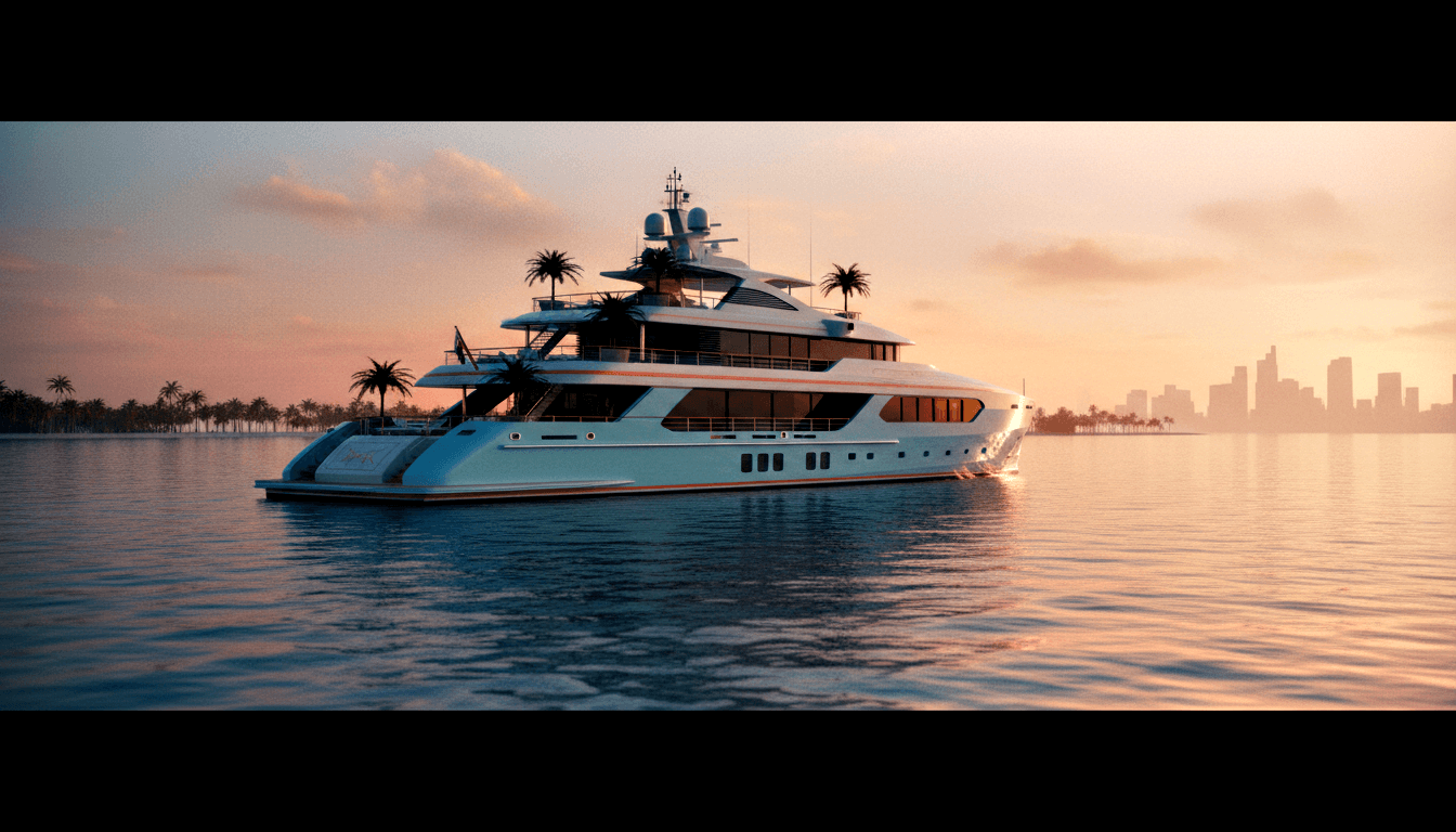 CGI white superyacht with orange-red waterline stripe on calm teal water at golden hour, palm trees on upper decks, tall buildings in background.