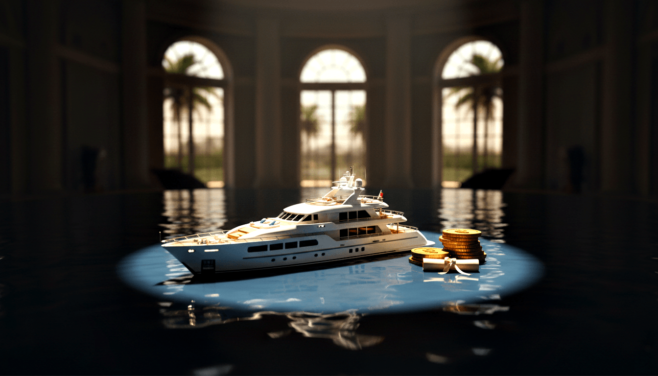Miniature white multi-deck motor yacht model floating on a small reflective pool beside a stack of gold coins, dramatically spotlit.