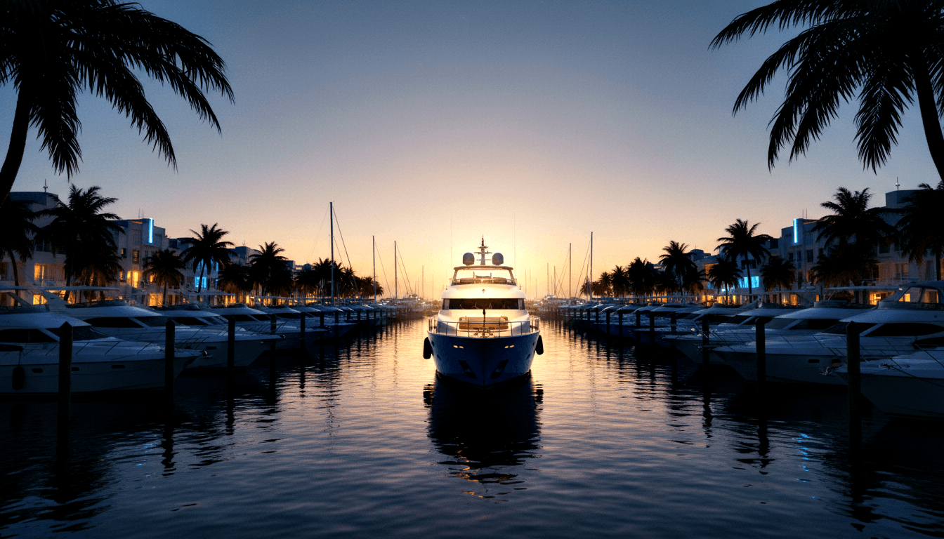 Large motor yacht with white superstructure and dark blue hull centered in a tropical marina at dusk, amber sunset reflecting on calm water.