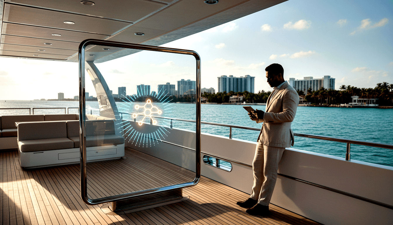 Man in beige linen suit on teak-decked yacht holds tablet, beside framed glass panel showing cyan network-node diagram.