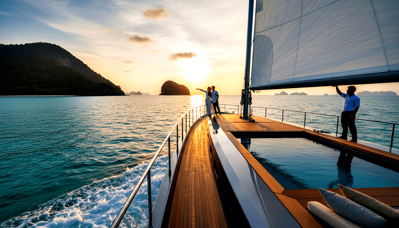 White sailing yacht bow with two figures, one pointing at horizon, teak deck with plunge pool, forested islands under sunset sky.