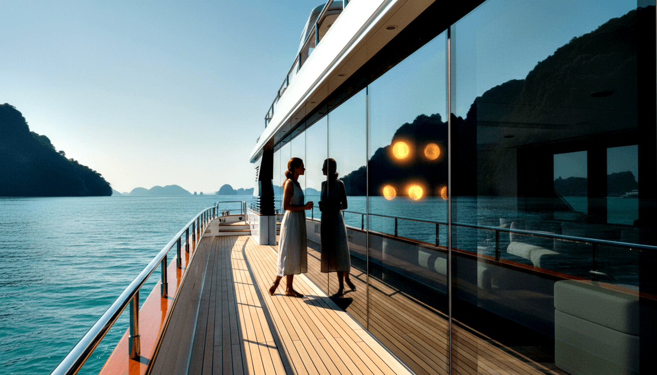Two near-silhouette figures on a teak yacht deck conversing, one holding a drink, with calm teal water and karst limestone formations behind.