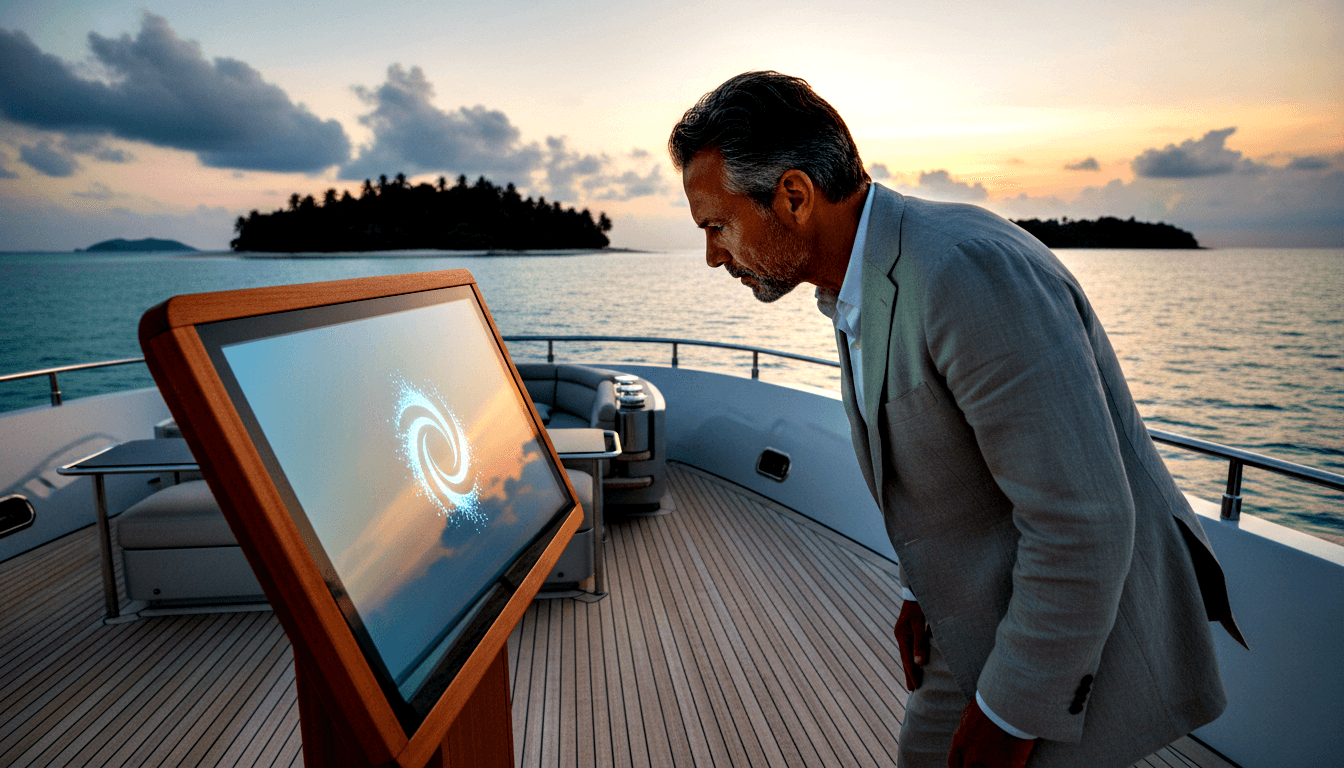 Middle-aged man with salt-and-pepper hair leans forward studying a monitor showing a glowing spiral vortex on a yacht deck at sunset.