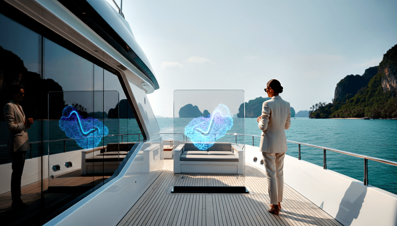 Person in cream blazer stands on white yacht deck facing a transparent panel with glowing blue-purple branching digital visualization.