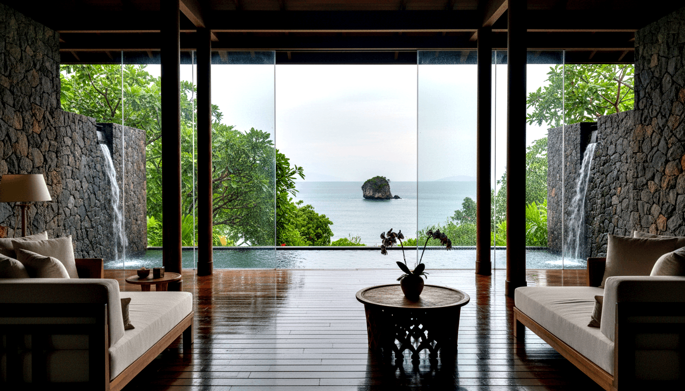 Symmetrical open-air lounge: white sofas, carved wood table, stone waterfall walls, glass facade with infinity pool and ocean view.
