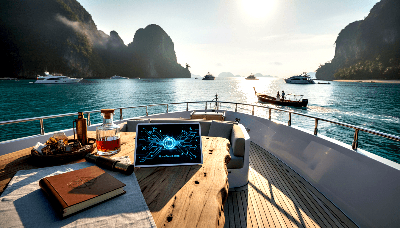 Teak deck table with glowing tablet, amber decanter, leather journal, scroll, and tray; turquoise bay, karst cliffs, anchored yachts beyond.