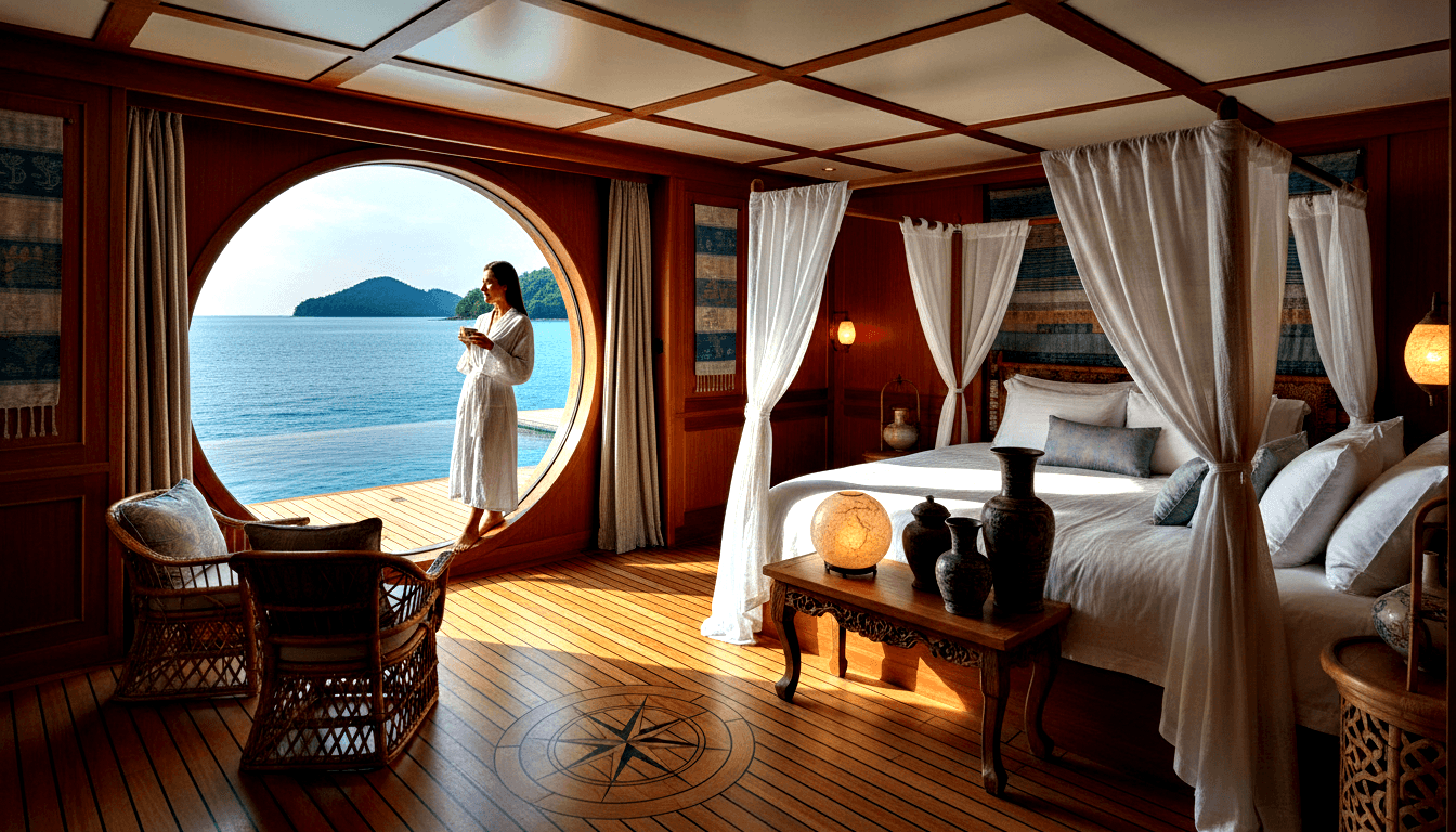Maritime cabin with mahogany walls, compass rose teak floor, and canopy bed; woman in bathrobe gazing at sunlit ocean through circular opening.