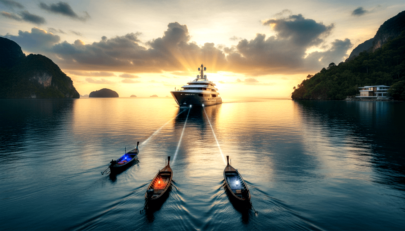 Superyacht at golden-hour horizon in tropical bay, flanked by limestone karsts, three longtail boats in reflective foreground.