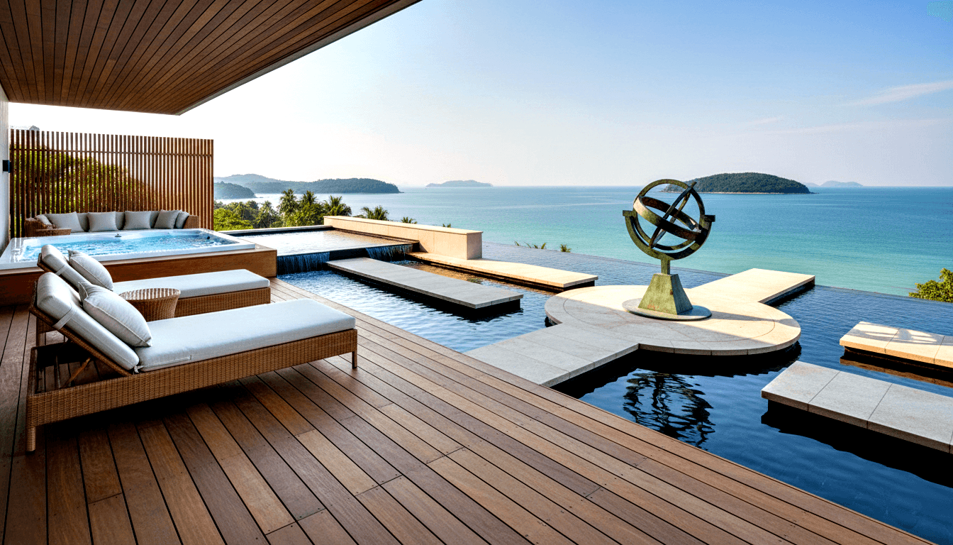 Elevated terrace with dark infinity pool and spa tub overlooking turquoise sea and islands; wicker loungers under teak overhang.