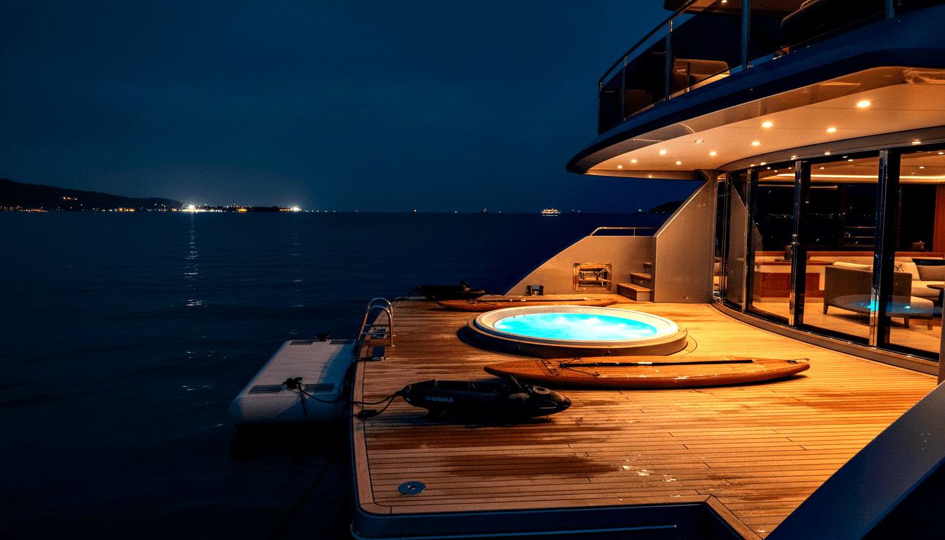 Aft deck of large motor yacht at night with glowing cyan-blue jacuzzi in teak decking, amber ceiling lights, and distant shoreline.
