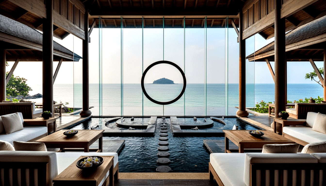 Resort pavilion with reflecting pool and circular stepping stones leading to glass wall framing turquoise ocean and small island beyond.