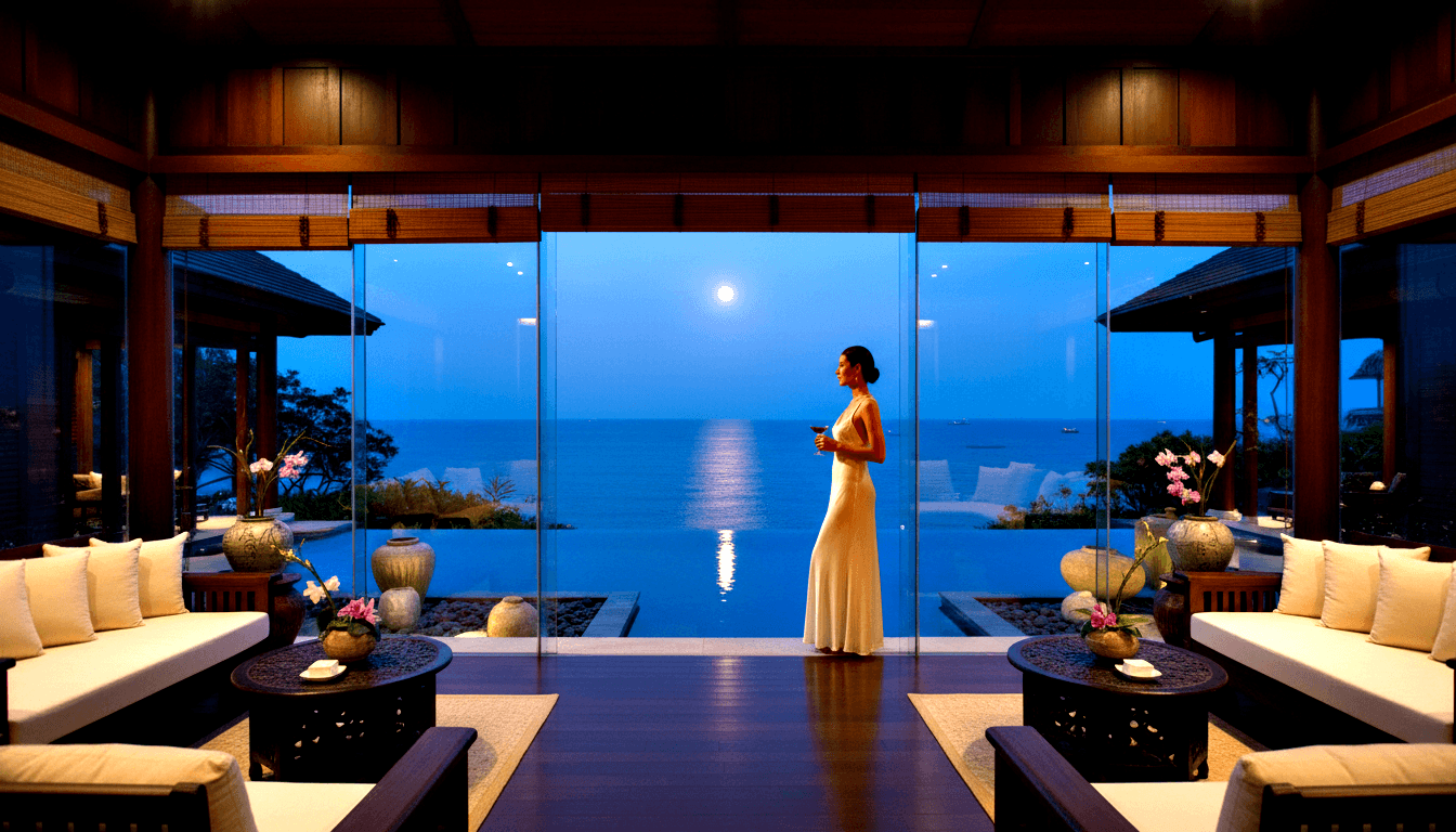 Woman in white floor-length gown holds wine glass, gazing at moonlit ocean through floor-to-ceiling glass wall beside an infinity pool.