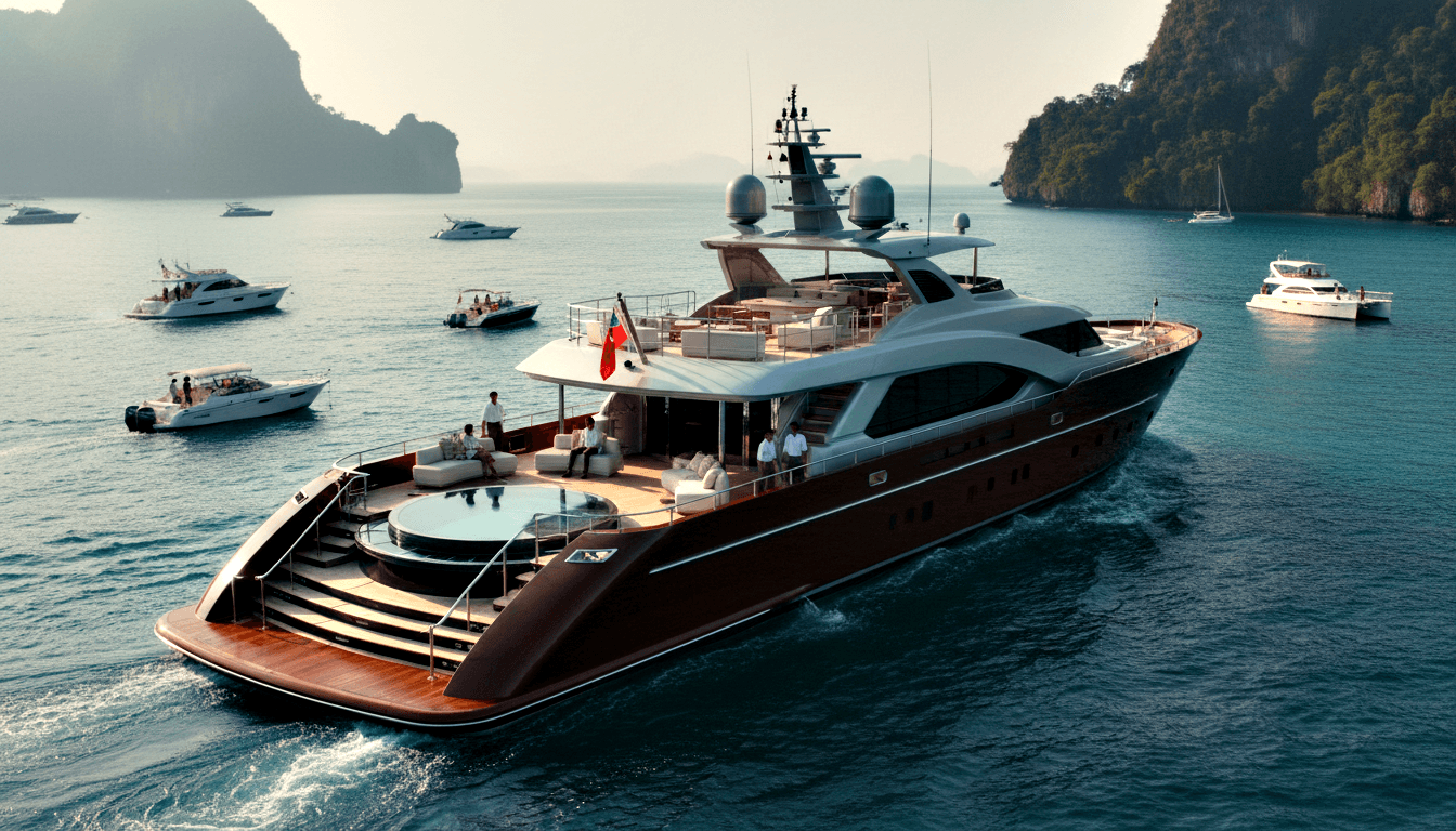 Large motor yacht with dark mahogany hull and white superstructure on calm turquoise water, with limestone karst cliffs in background.