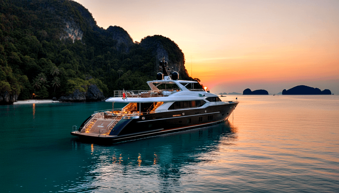 Superyacht with deep navy hull and white superstructure anchored in glassy teal water at golden hour, karst cliffs and beach in background.