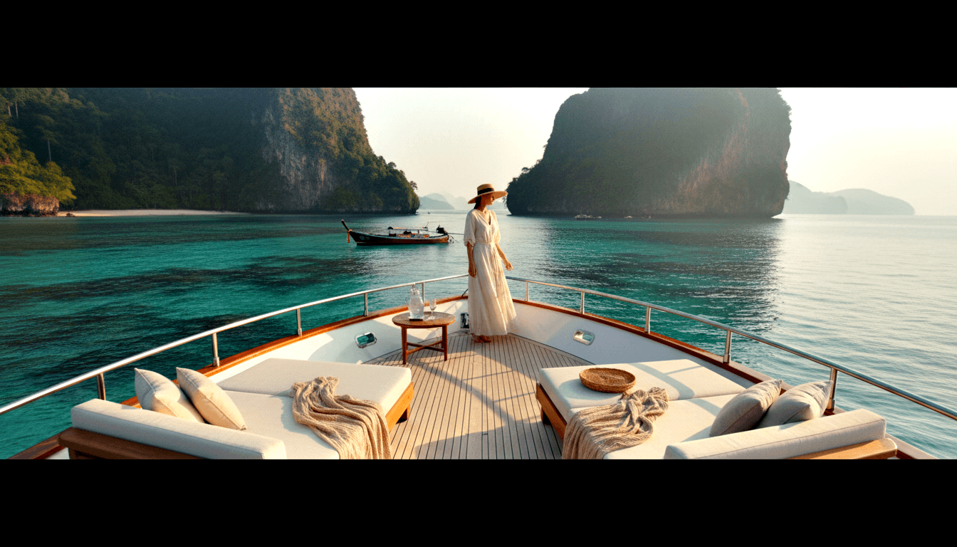Woman in white dress and woven hat stands at yacht bow, facing turquoise water with limestone karst formations and sandy beach.