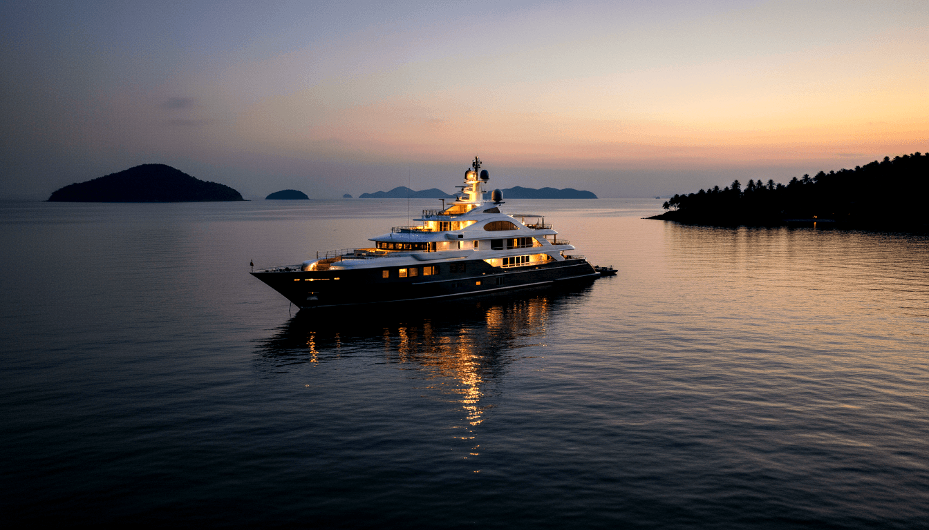 Multi-deck superyacht with dark hull anchored on still water at twilight, amber interior lighting reflecting on glassy surface.