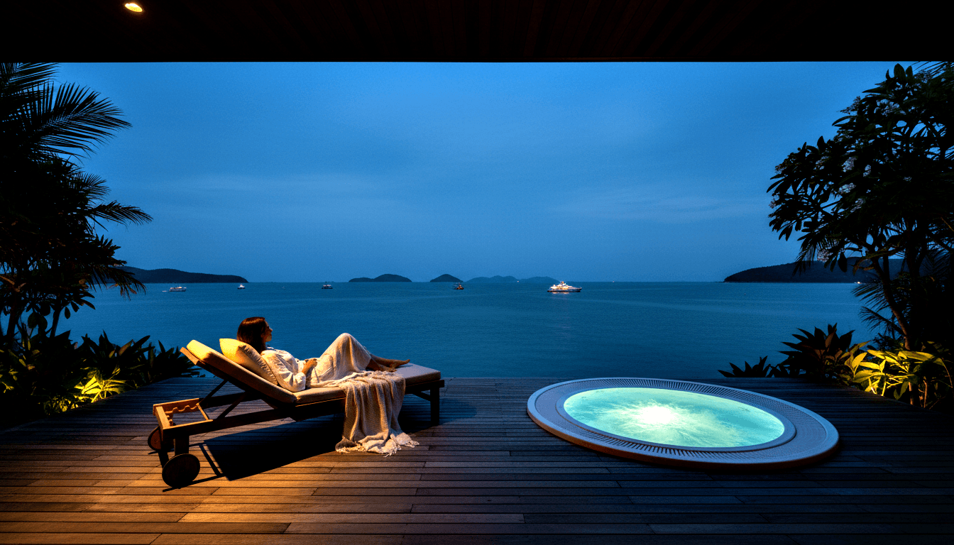 Woman in white spa robe reclining on chaise lounge beside a glowing turquoise jacuzzi on a wooden deck terrace at dusk.