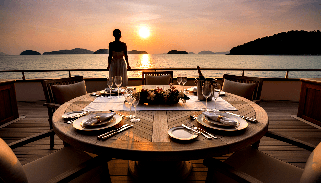 Outdoor teak dining table with champagne; woman in strapless dress faces golden-hour sunset over calm teal water from elevated deck.