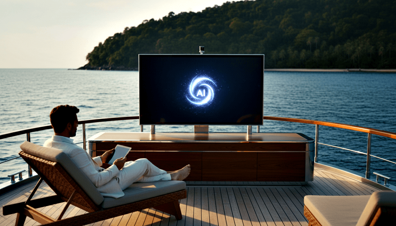 Man in white reclines barefoot on wicker chair on yacht deck, holding tablet, facing TV showing AI blue particle animation.