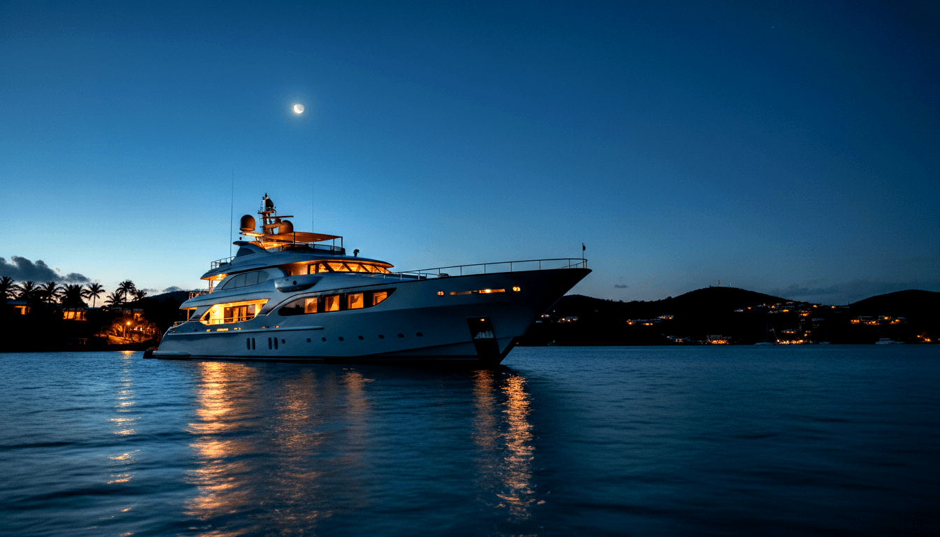 White multi-deck motor yacht with amber-lit panoramic windows on calm twilight water, dark hillside and crescent moon behind.