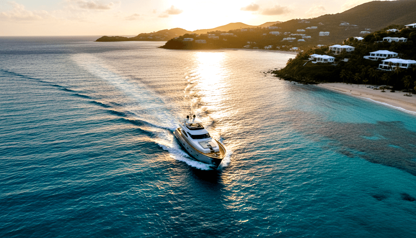 White multi-deck motor yacht cruising blue-teal water from above, with a hilly vegetated island, white villas, and sandy beach to the right.