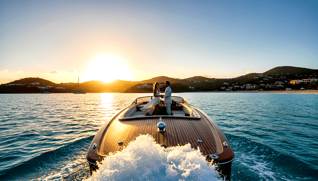 Varnished mahogany speedboat with chrome fittings moves through turquoise water toward a tree-covered hillside at golden hour.