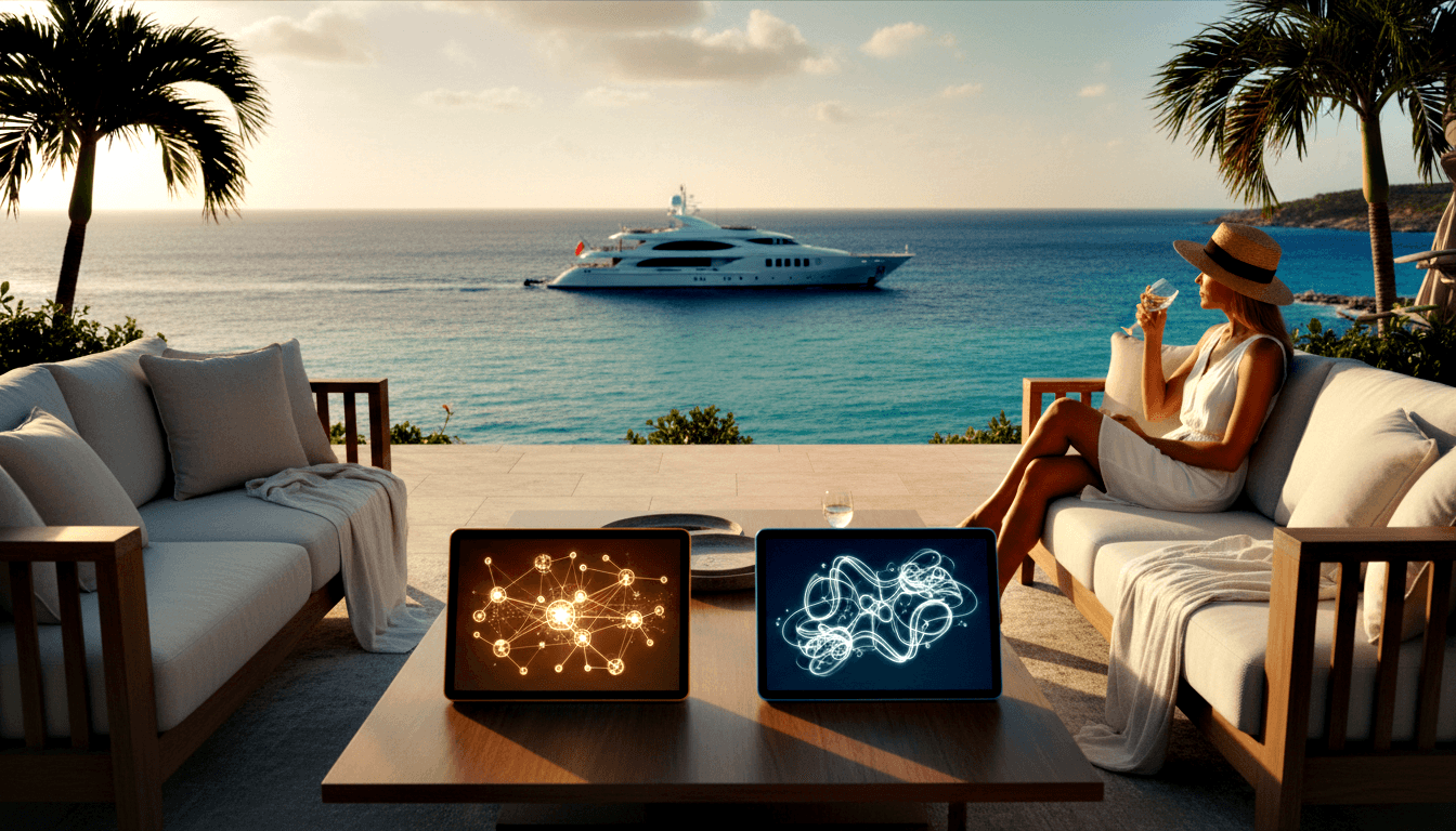 Woman in white dress and straw hat sits on terrace sofa holding a glass, two tablets on coffee table, ocean and white yacht beyond.