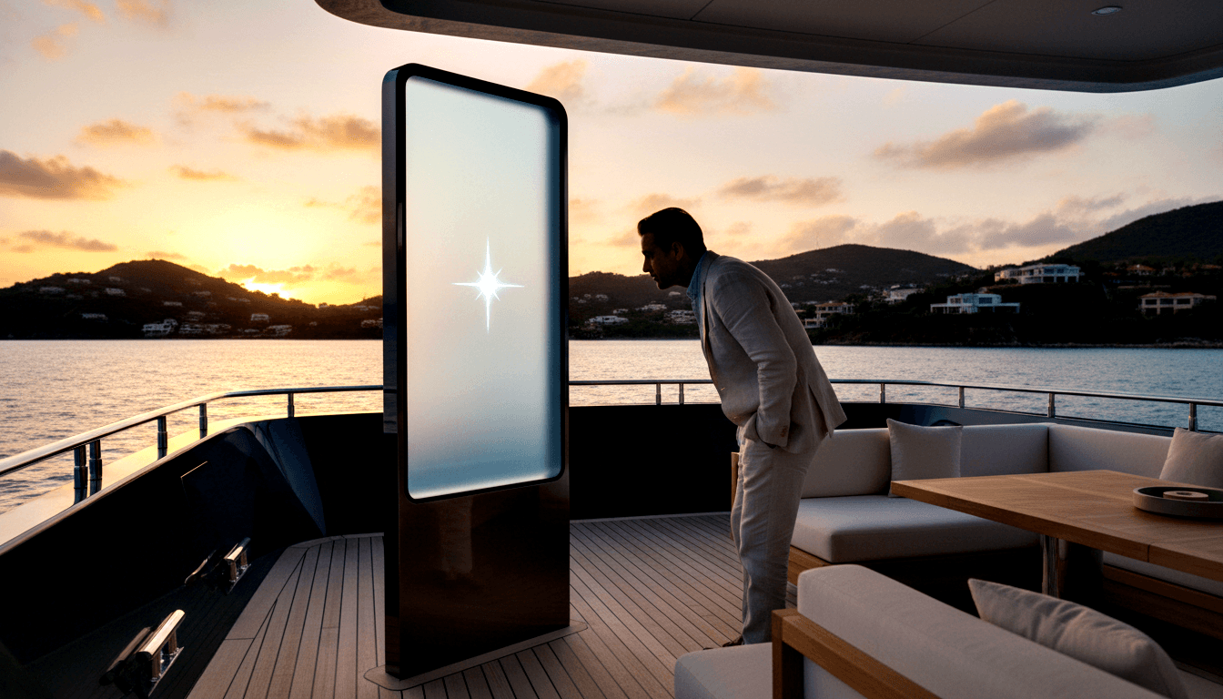 Man in linen suit examining a tall illuminated panel with starburst center on a motor yacht's teak deck at dusk.