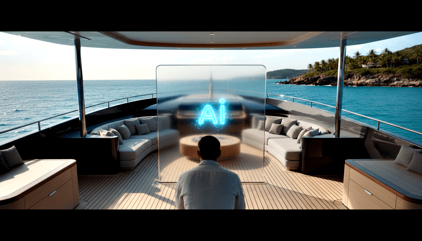 Person from behind in gray shirt on yacht deck facing a glowing cyan 'Ai' logo panel, ocean and tropical island ahead.