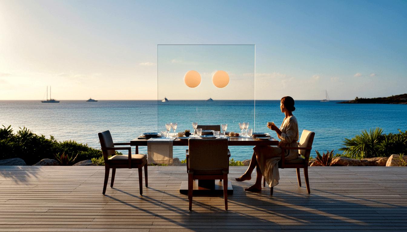 Barefoot woman in flowing light dress sits at wooden dining table on deck, with stemware, glowing pendant lamps, and ocean beyond.